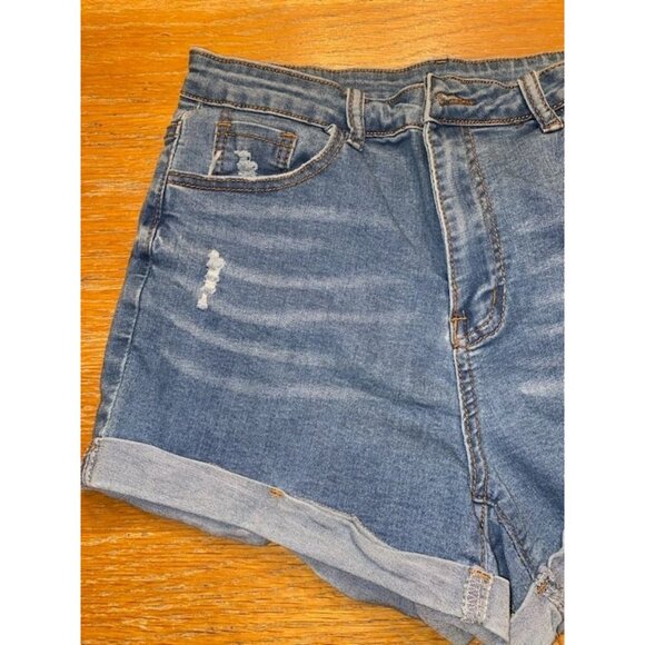 Denim Distressed High-Waist Womens Shorts With Rolled Cuffs - Picture 2 of 4
